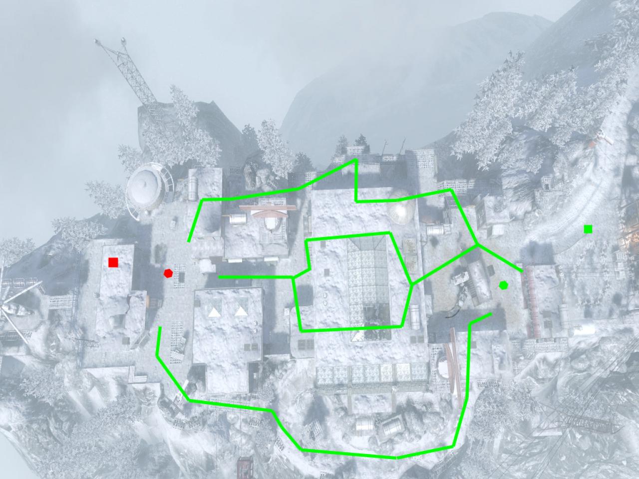 [26/11/2010] Capture the Flag - Das grüne Quadrat ist der Startpunkt der Black Ops, während die Speznas beim roten Quadrat beginnen. Die Sechsecke stellen die jeweilige Flagge da.
