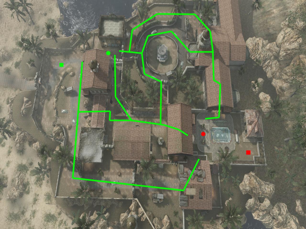 [24/11/2010] Capture the Flag - Das grüne Quadrat ist der Startpunkt der Black Ops, während Speznas beim roten Quadrat beginnt. Die Sechsecke stellen die jeweilige Flagge da.