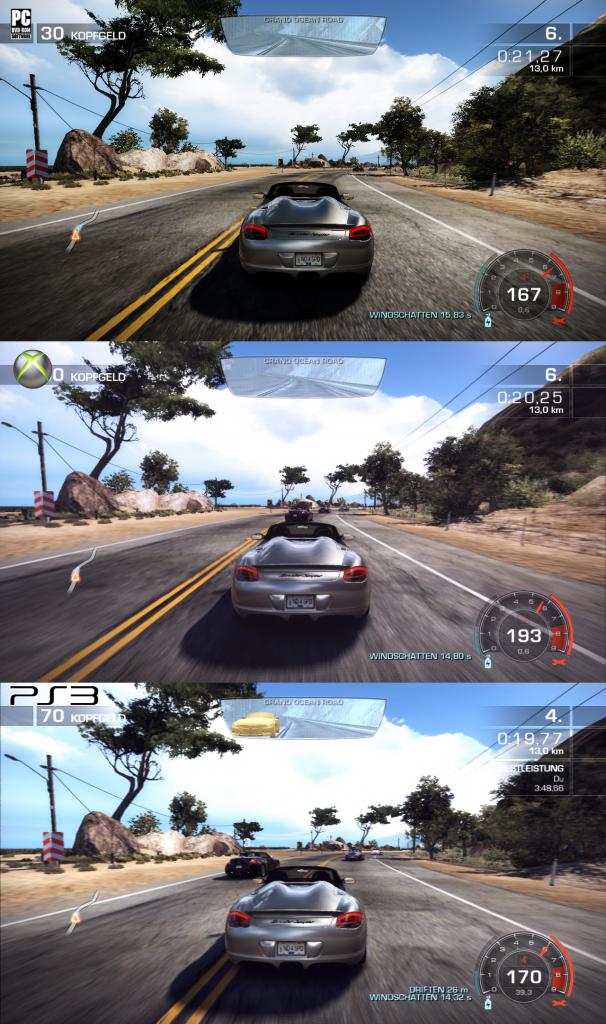[10/11/2010] Need for Speed: Hot Pursuit im Grafikvergleich. PC (oben) gegen Xbox 360 (Mitte) und Playstation 3 (unten). Welche Version gefällt Ihnen am besten? (8)