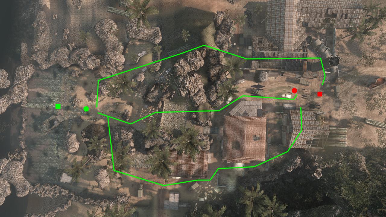 [07/12/2010] Capture the Flag - Das grüne Quadrat ist der Startpunkt der Black Ops, während die Speznas beim roten Quadrat beginnen. Die Sechsecke stellen die jeweilige Flagge da.