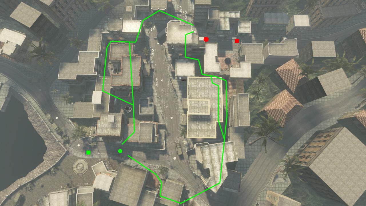 [07/12/2010] Capture the Flag - Das grüne Quadrat ist der Startpunkt der Black Ops, während die Speznas beim roten Quadrat beginnen. Die Sechsecke stellen die jeweilige Flagge da.