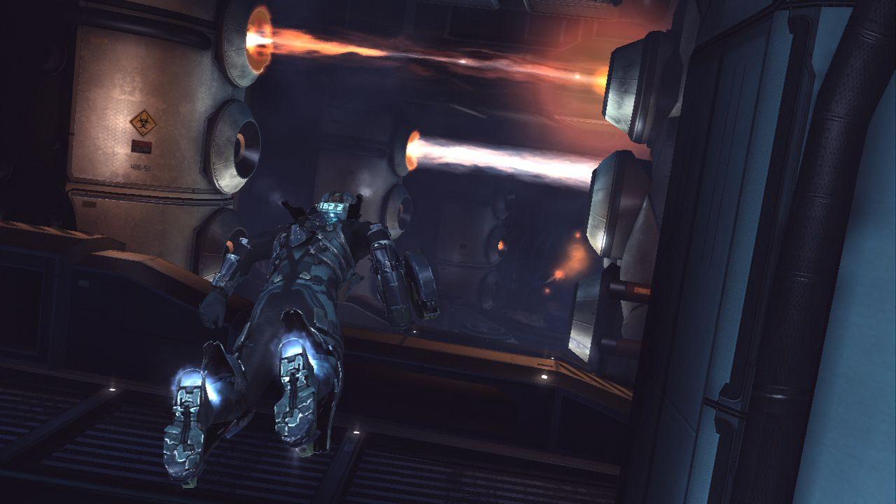 [14/01/2011] Dead Space 2 Lösung: Warten Sie auf den richtigen Moment und fliegen Sie durch, wenn ein Strahl gerade verschwunden ist.
