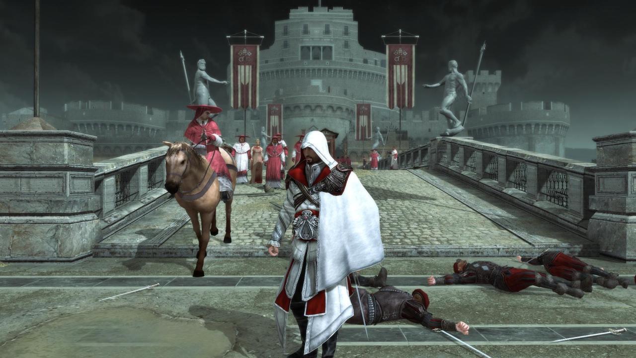 [18/02/2011] Diese ermordeten Wachen erwecken durchaus Aufregung unter den Bürgern. Im Bild: Assassin's Creed: Brotherhood mit maximal Grafikeinstellungen