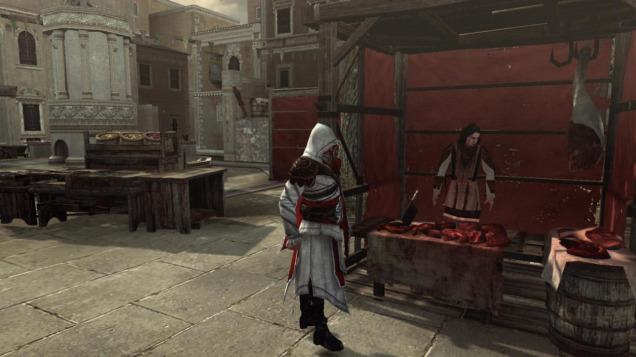 [18/02/2011] Und tatsächlich, das Fleisch sieht fast gleich aus! Die Hintergrundtexturen fallen aber auch hier wieder einmal auf. Im Bild: Assassin's Creed: Brotherhood mit minimal Grafikeinstellungen 