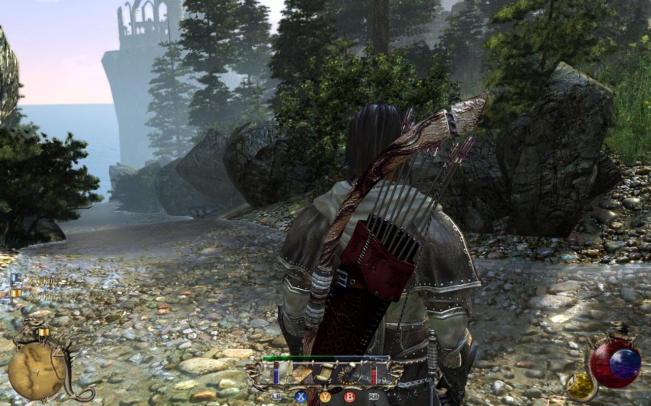 [09/02/2011] Two Worlds 2: Achten Sie auf die Bodentexturen am rechten Bildrand. Diese wirken im Wechselspiel mit Licht und Schatten besonders gelungen. Nach diesem Screenshot (1680 x 1050) wendet sich der Spieler dem Wasser zu ...