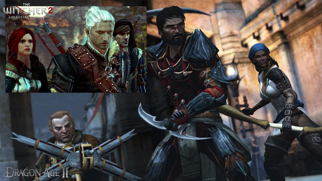 [25/02/2011] Helden und Weggefährten unter sich: Oben links sehen Sie The Witcher 2, das restliche Bild zeigt Charaktere aus dem RPG Dragon Age 2. 
