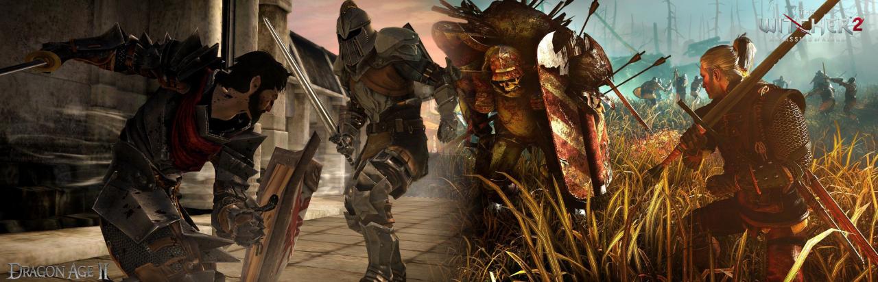 [25/02/2011] Welchen Haupthelden finden Sie besser und einfach nur cool: Links sehen Sie die männliche Version von Hawke aus Dragon Age 2, rechts kämpft Geralt im Rollenspiel The Witcher 2.