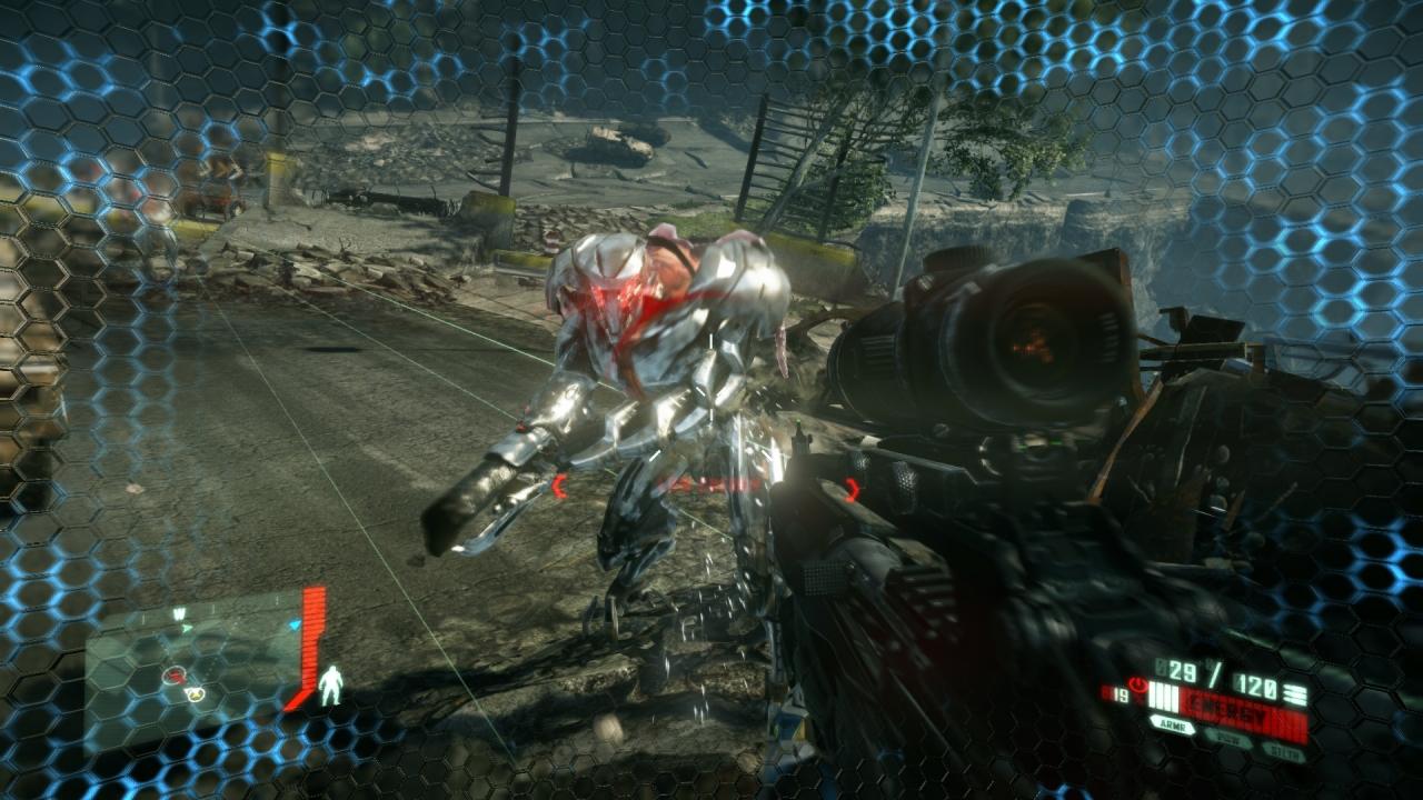 [21/03/2011] Crysis 2: Der Rüstungsmodus (dargestellt durch Waben an den Bildschirmrändern) muss in Crysis 2 extra per Q-Taste eingeschaltet werden - im Vorgängerspiel war er dauerhaft aktiviert. Allerdings ist er diesmal auch deutlich stärker und nützlicher.
