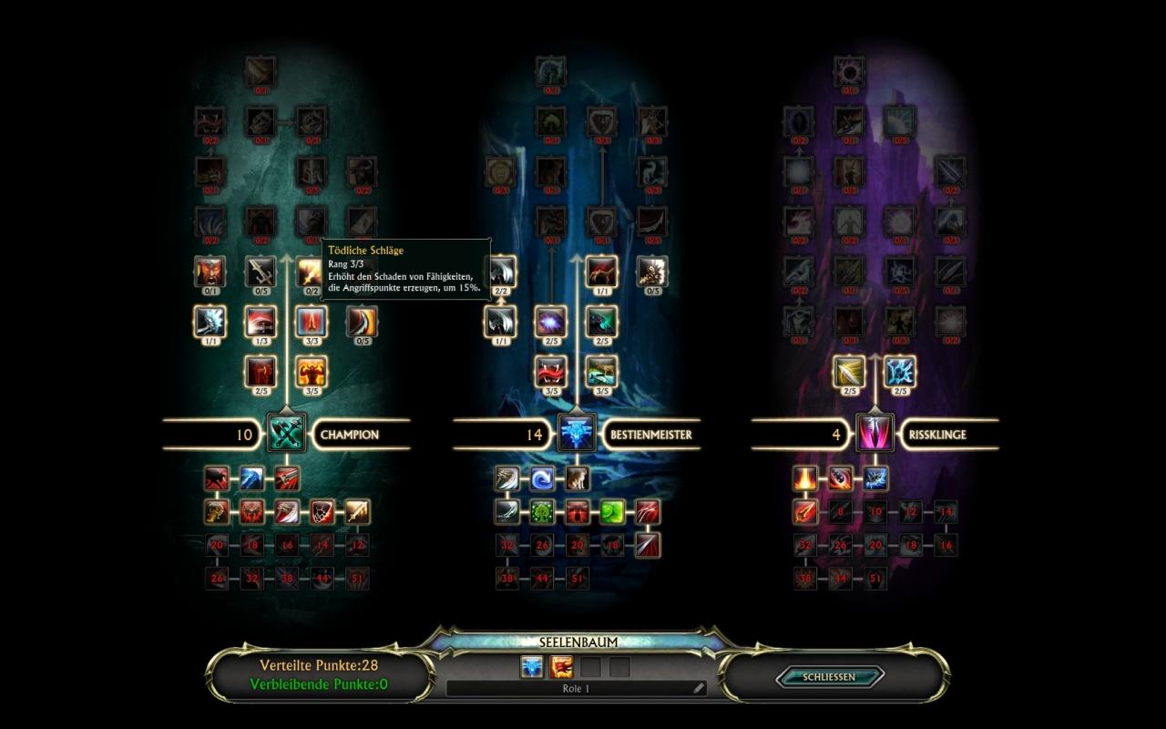 [14/03/2011] Das Seelensystem in Rift erlaubt Ihnen, bis zu drei Talentbäume gleichzeitig für Ihren Charakter zu nutzen. Außerdem lassen sich mehrere solcher Dreierkombination abspeichern und bei Bedarf umschalten.