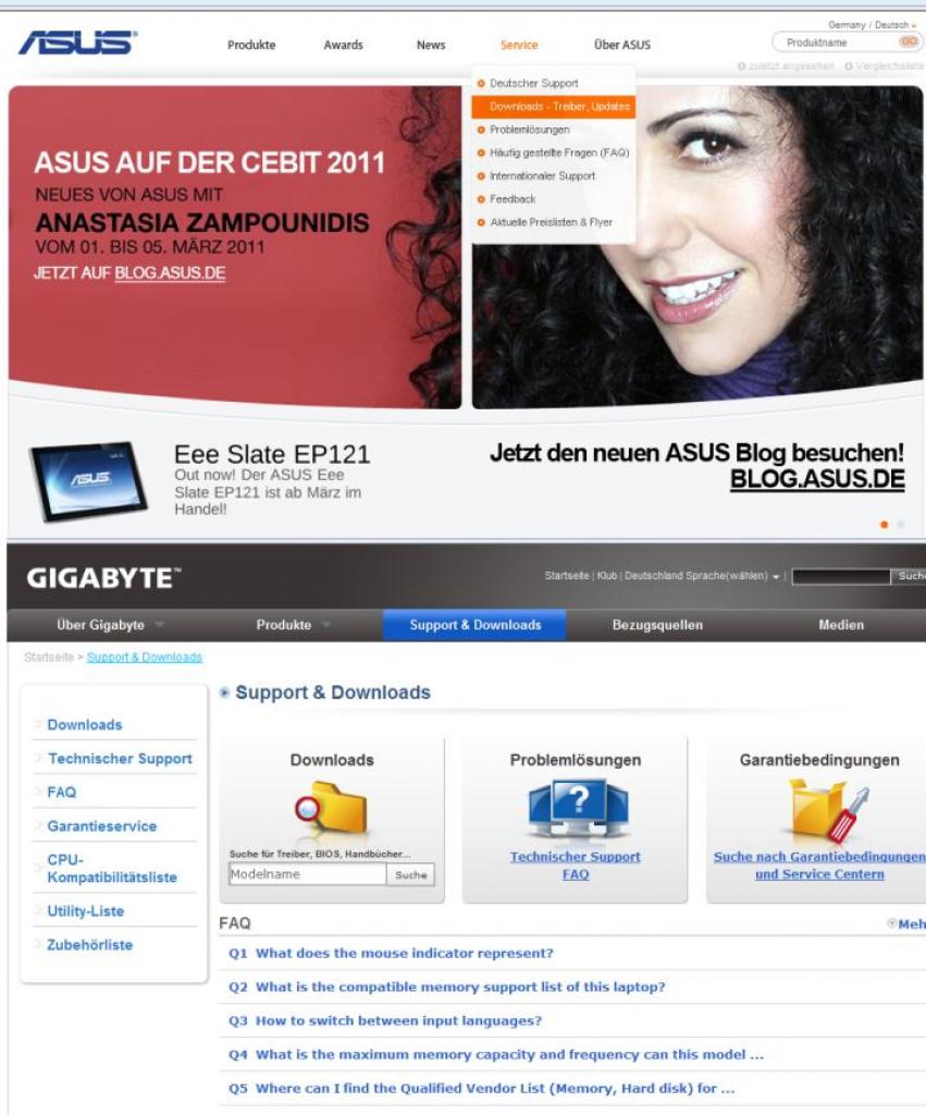 [04/03/2011] Support und Downloads, hier Asus und Gigabyte