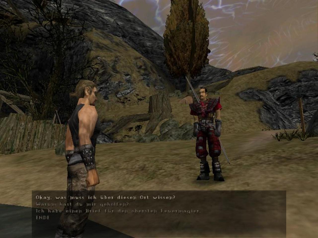 [12/04/2011] Die Dialoge in Gothic sind komplett vertont, was einen großen Teil der Atmosphäre ausmacht. Hier eine Anfangsszene aus dem Rollenspiel, das erste Aufeinandertreffen des namenlosen Helden mit dem Schlitzohr Diego. 