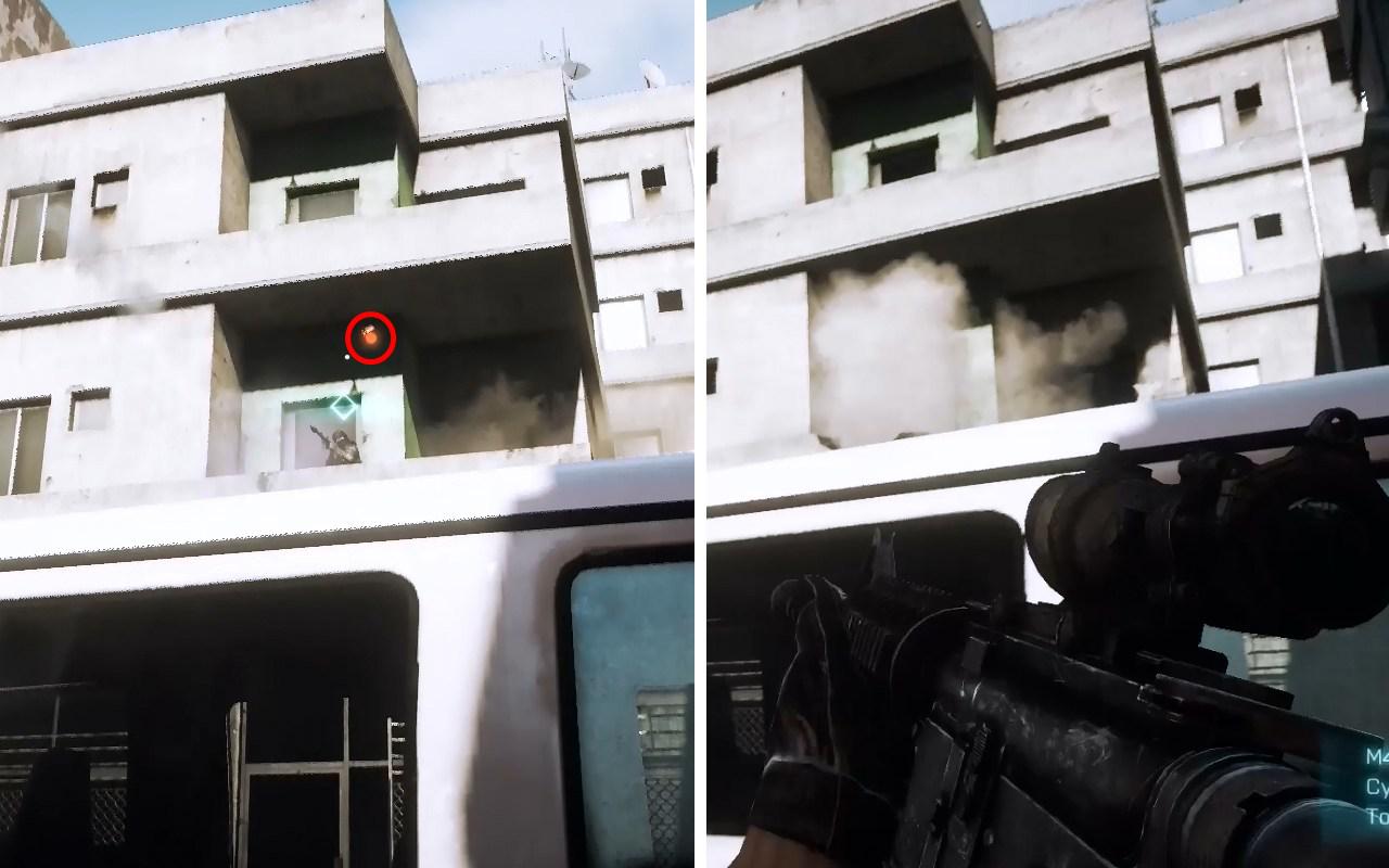 [24/06/2011] Battlefield 3: links (rot) ist die Granate im Anmarsch, rechts hat der Balkon ein paar neue Lüftungslöcher... 