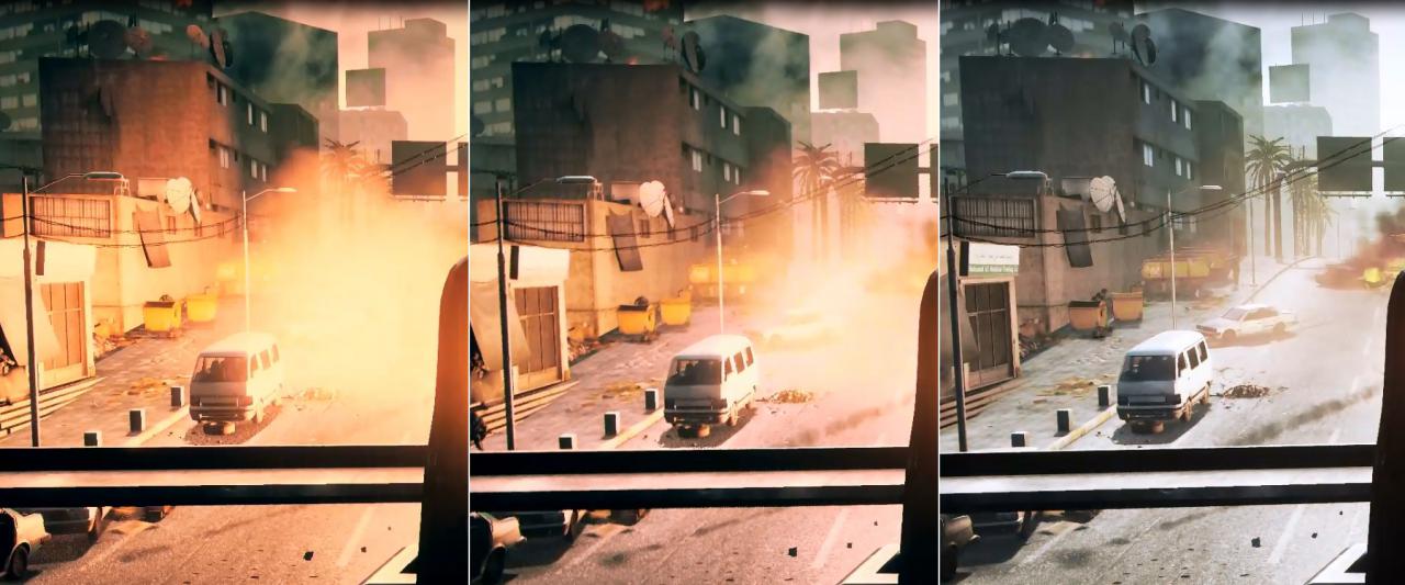 [24/06/2011] Licht und Schatten bei Battlefield 3: die spektakuläre Ausleuchtung der Häuserfront durch die Explosion erzeugt beim Minibus leider keinen neuen Schatten - ein kleiner Detailmangel.