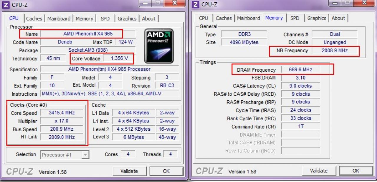 [29/07/2011] Mit CPU-Z könnt ihr viele Werte eurer CPU auslesen, auch im übertakteten Zustand - hier ein AMD X4 965