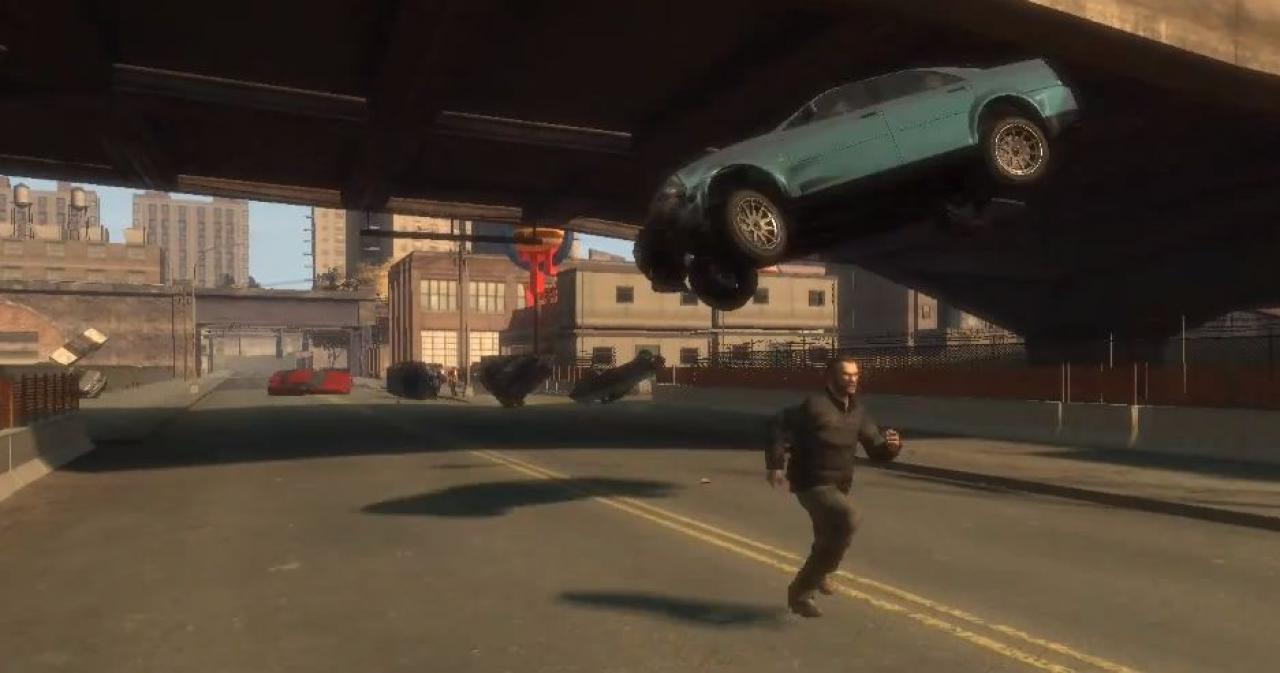 [06/07/2011] So kanns gehen in GTA 4: Spielt man am Reifenwiderstand der Wagen rum, fliegen einem die Blechkarossen schnell um die Ohren.