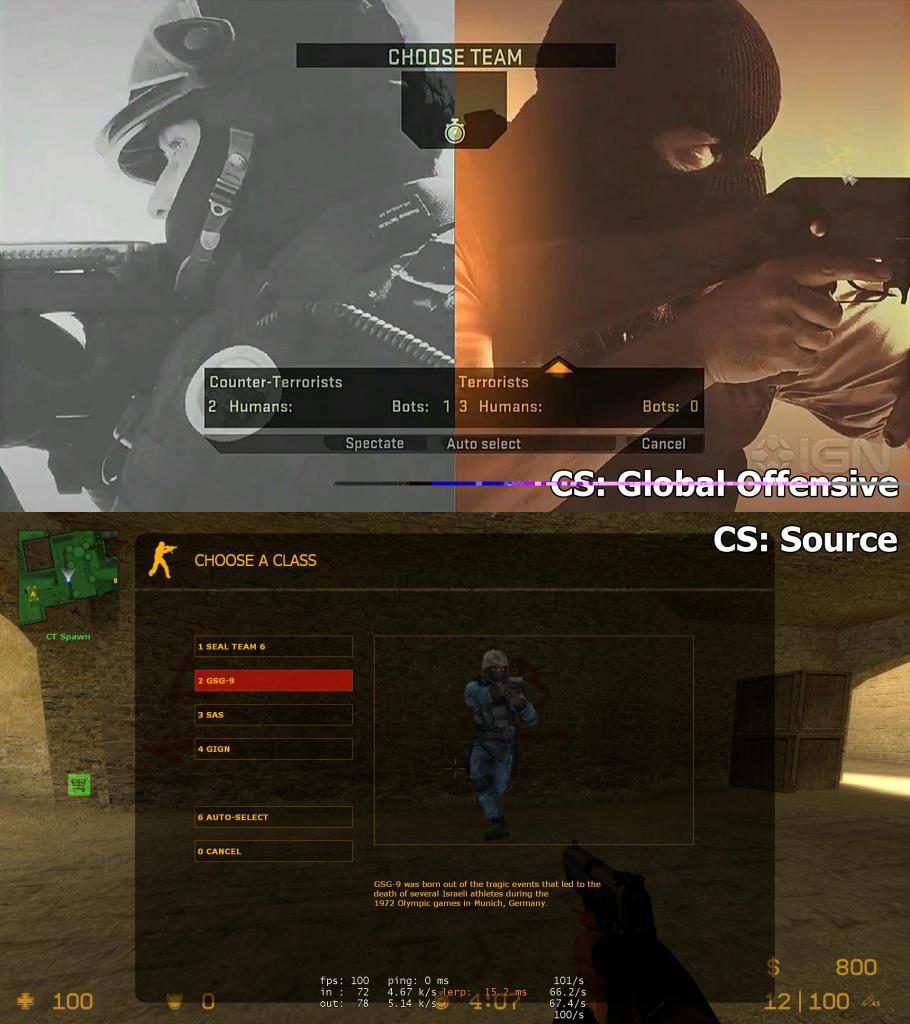 [30/08/2011] Die Teamwahl in Counter-Strike: Global Offensive ändert sich auch. Das Hangeln durch Menüs via Maus weicht grafischen Darstellungen. Das ist modern, aber den Gamepads der Konsolen geschuldet. Der sichtbare Mauszeiger im oberen Bild (rechts am Rand der Waffe) zeigt, dass es die PC-Version ist.
