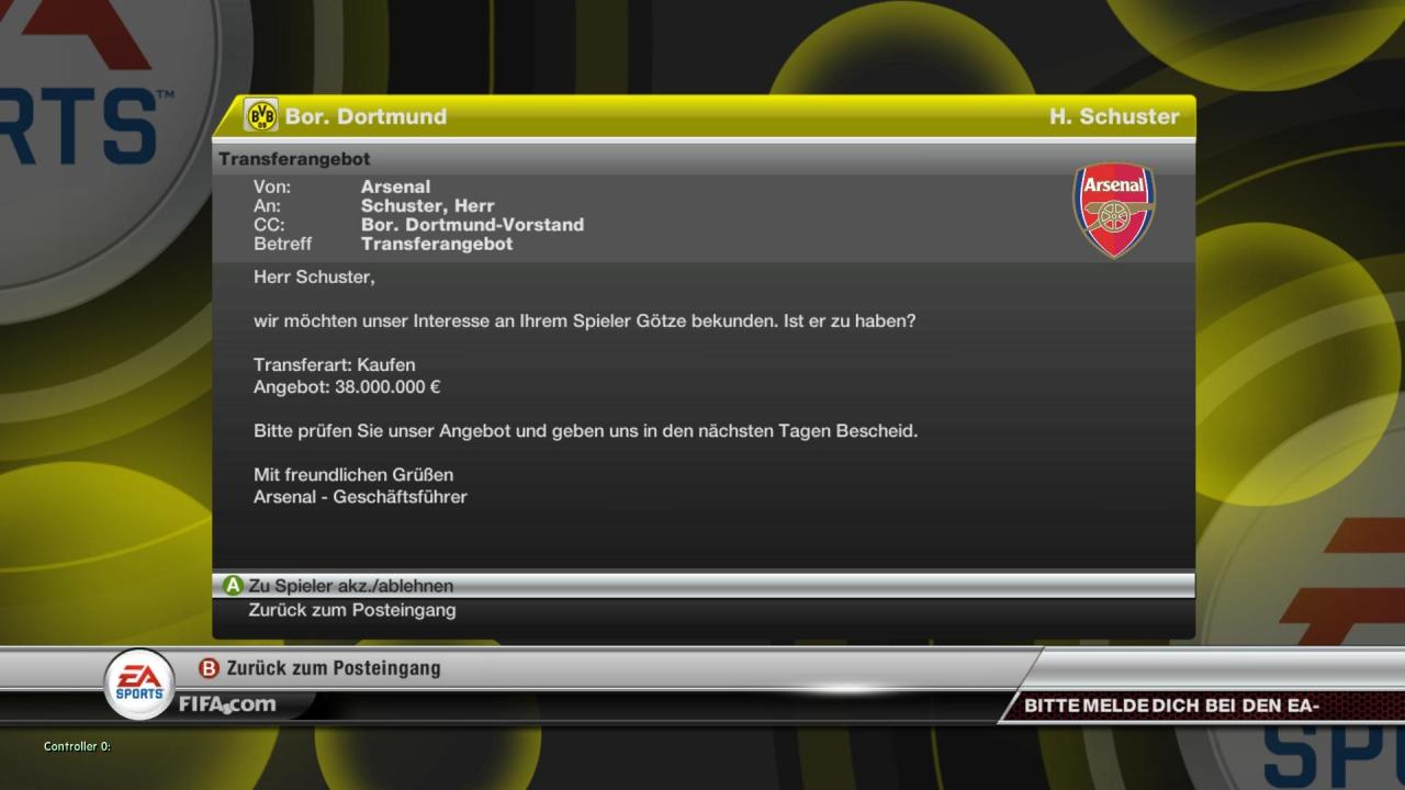 [22/09/2011] Der FC Arsenal bot hier fast 40 Millionen für unseren Spieler Götze, genau wie in Echt, kurioserweise aber bevor das reale Angebot überhaupt bekannt wurde!