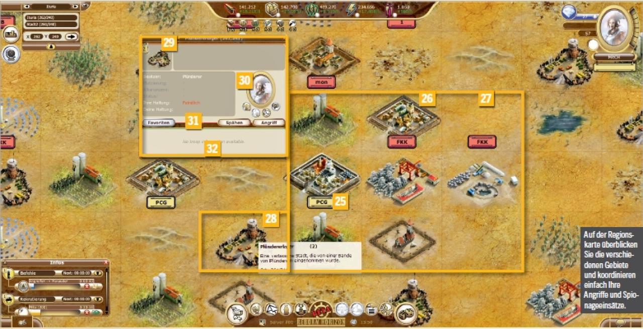 [26/10/2011] Reborn Horizon - Das Interface in der Übersicht: 25 - Regionskarte, 26 - Feindliche Siedlungen, 27 - Täler, 28 - NPC-Gegner, 29 - Informationen, 30 - Avatar, 31 - Truppenbefehle, 32 - Truppenbesetzung-Infos