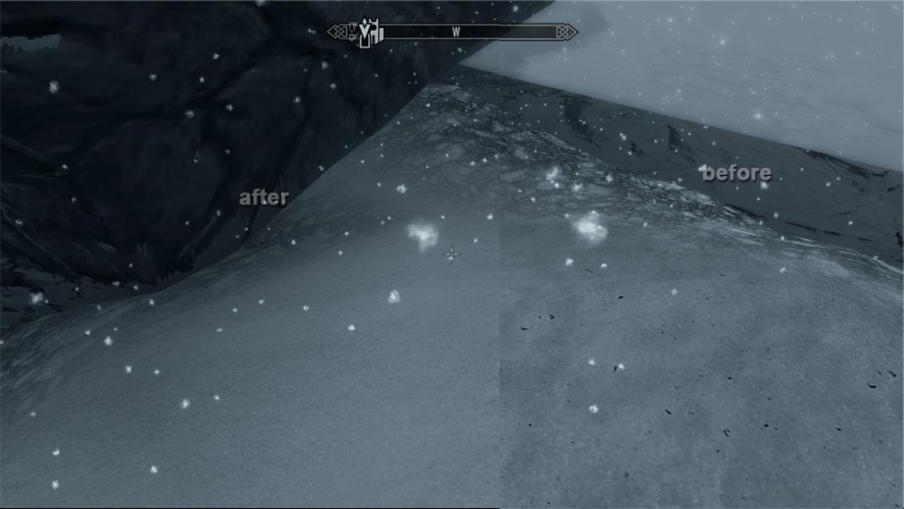 [17/11/2011] Mit der Skyrim-Mod PhoiPhois Better Snowtexture bekommt ihr eine stimmungsvollere Farbgebung für den Schnee.