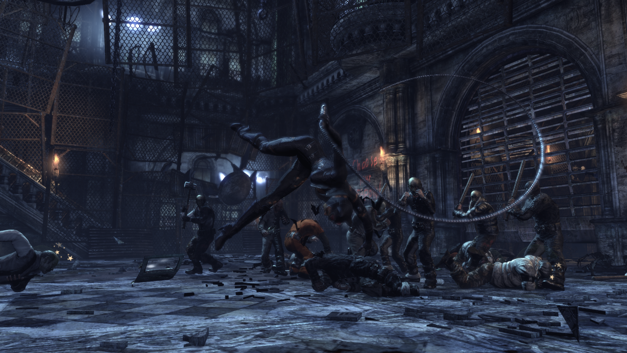 [25/11/2011] Batman: Arkham City - Hier ist Nvidia Physx Physx sorgt für Nebelschleier, zerreißende Spinnweben, flatternde Papiere, zerspringende Kacheln und Fenster sowie bröckelnde Steine.