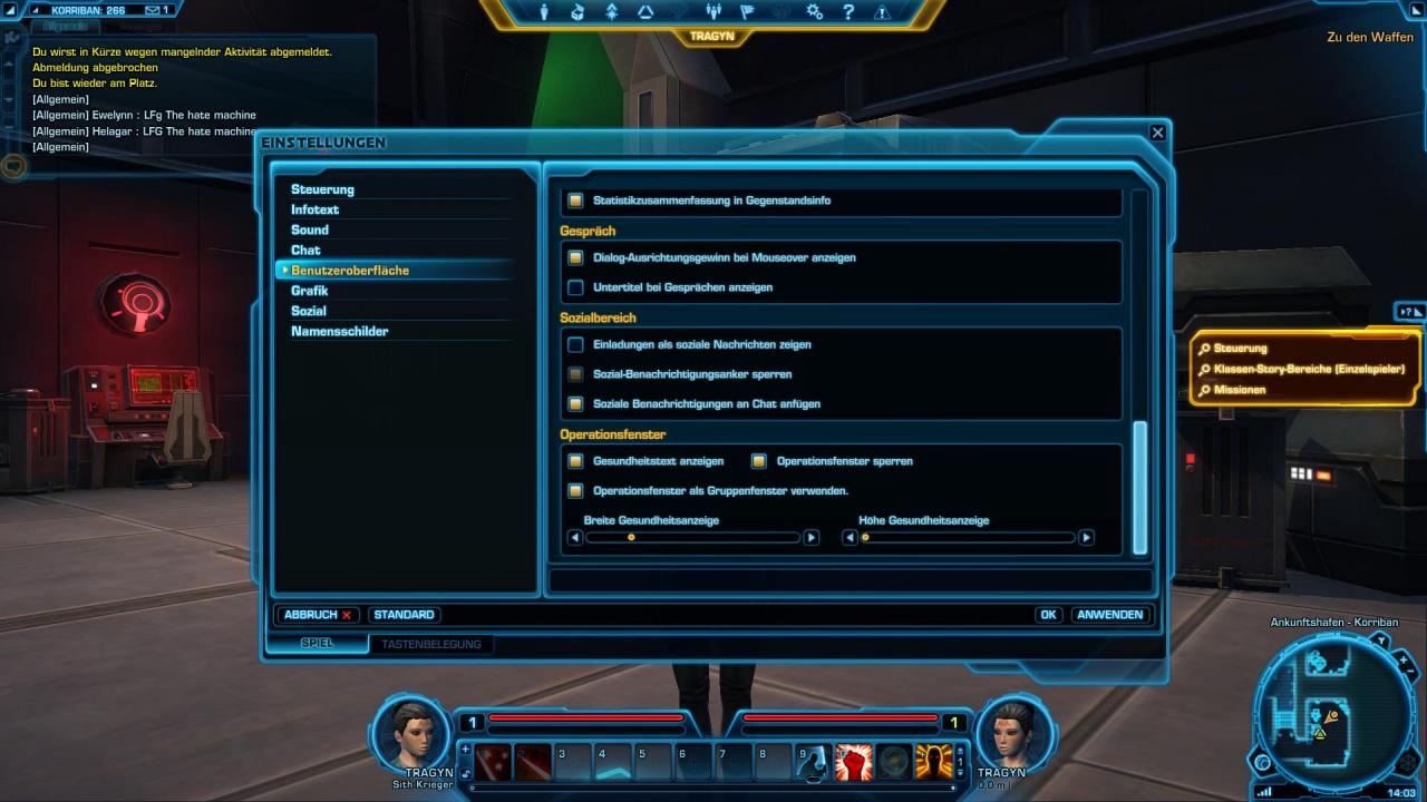 [24/11/2011] Benutzeroberfläche: Hier könnt Ihr unter anderem zusätzliche Aktionsleisten (QuickSlots) aktivieren oder auch die Untertitel bei den Vollvertonten Quests einschalten. (3)