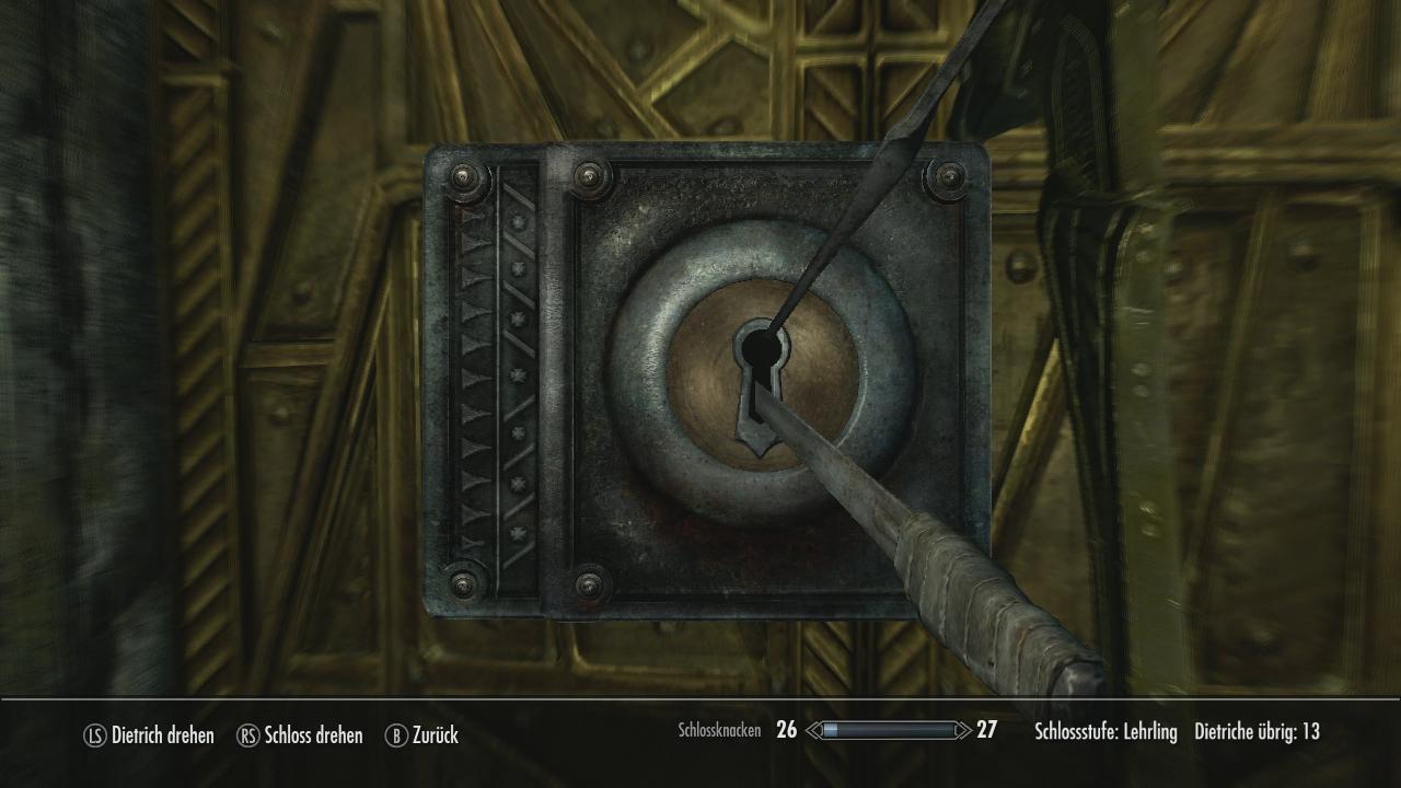 [10/11/2011] Das Minispiel zum Knacken von Schlössern ist dem von Fallout 3 nachempfunden, fällt aber schwerer aus. - Bild stammt aus der Xbox 360-Version von The Elder Scrolls 5: Skyrim.