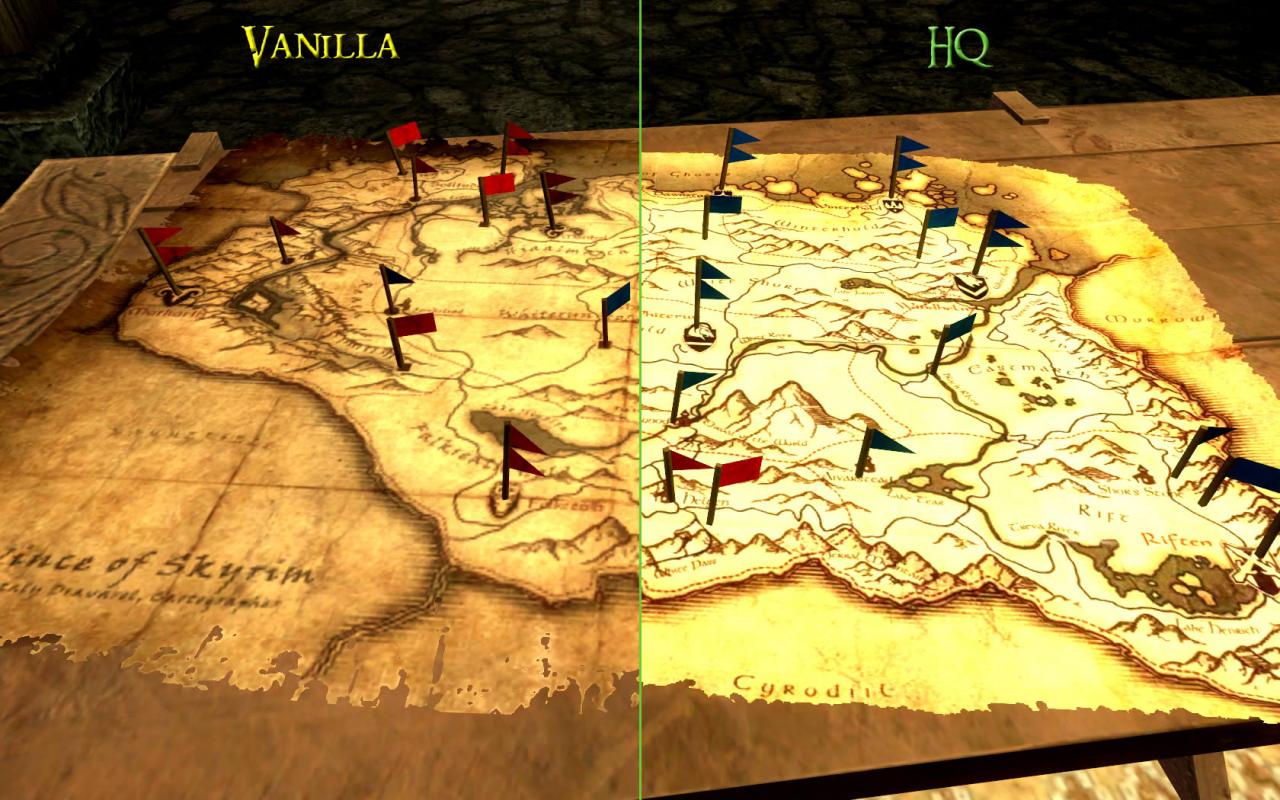 [11/12/2011] The Elder Scrolls 5-Mod: HQ Skyrim Map. Links das Original, rechts die Mod. 