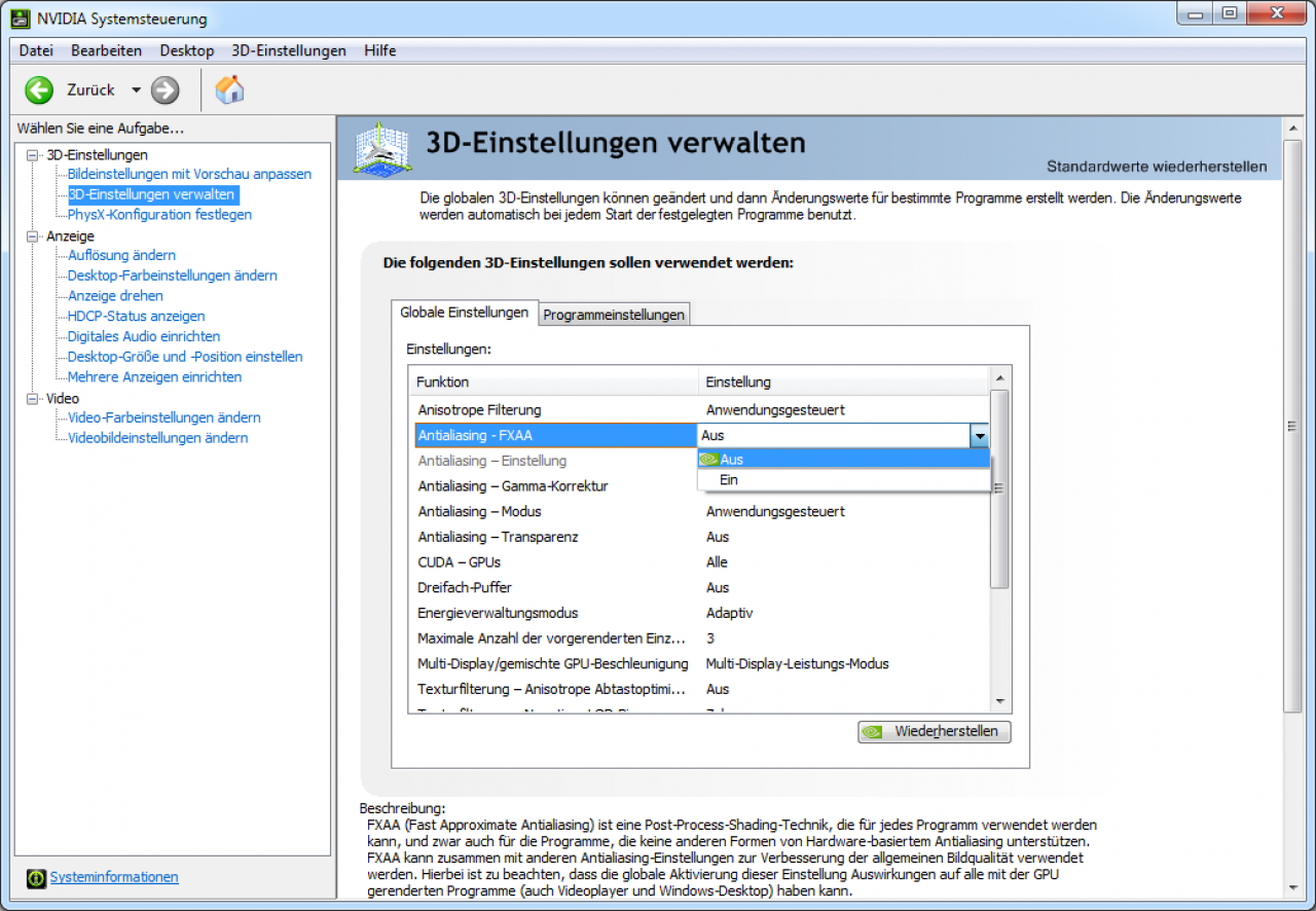 [04/12/2011] Fast-Approximate-Anti-Aliasing, kurz FXAA, ist eine seit den Geforce-300-Treibern zuschaltbare Art der Kantenglättung. Vorteile: Es funktioniert immer und kostet wenig Leistung. Nachteile: Das Bild wird unscharf und ernsthaftes Aliasing (Kantenflimmern) wird nur unzureichend gemindert.