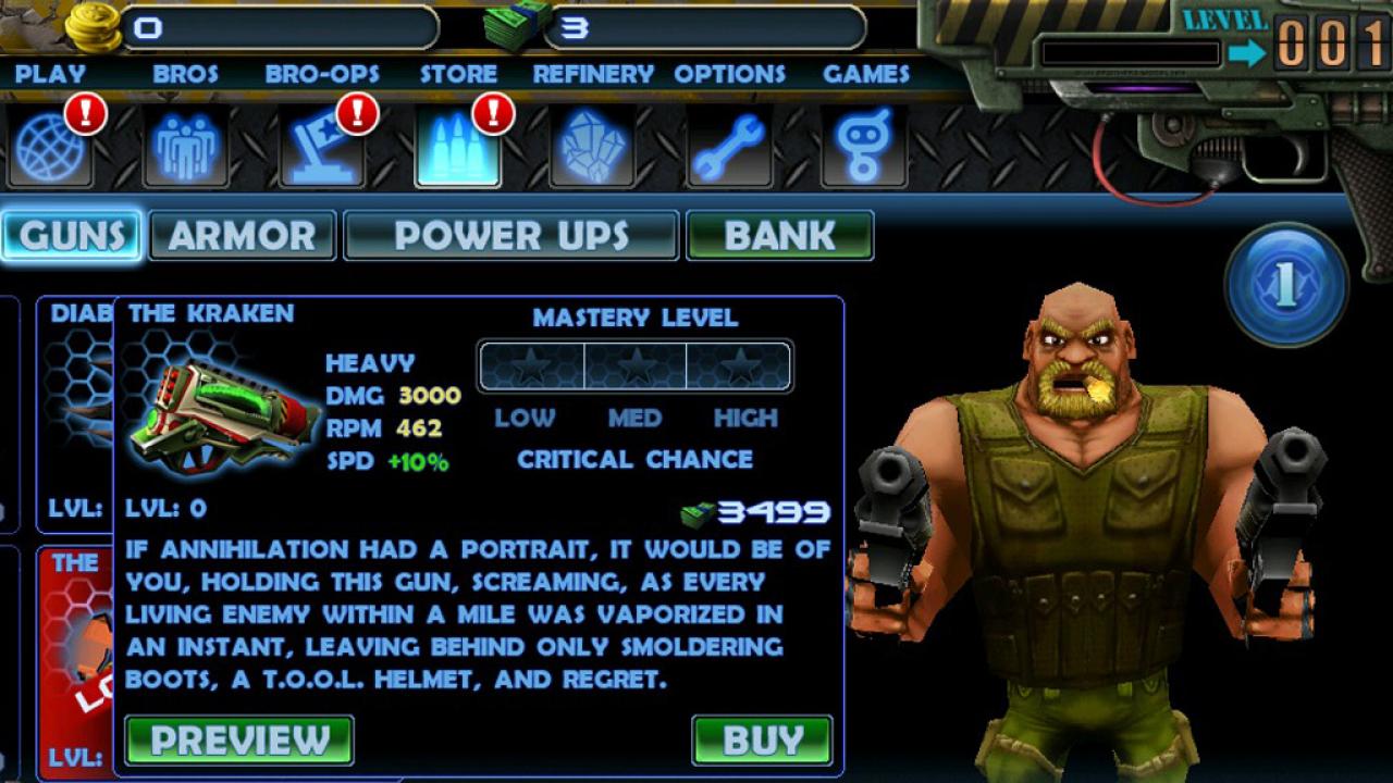 [20/12/2011] 5 - The Kraken (Gun Bros) - Ihr habt 500 US-Dollar (circa 382 Euro) zuviel auf dem Konto? Dann investiert das Geld doch einfach die mächtigste Waffe aus dem iPhone-Spiel Gun Bros. The Kraken, so heißt das gute Stück, ist die ultimative Zerstörungsmaschine. Aber rechtfertigt das automatisch den exorbitanten Preis?