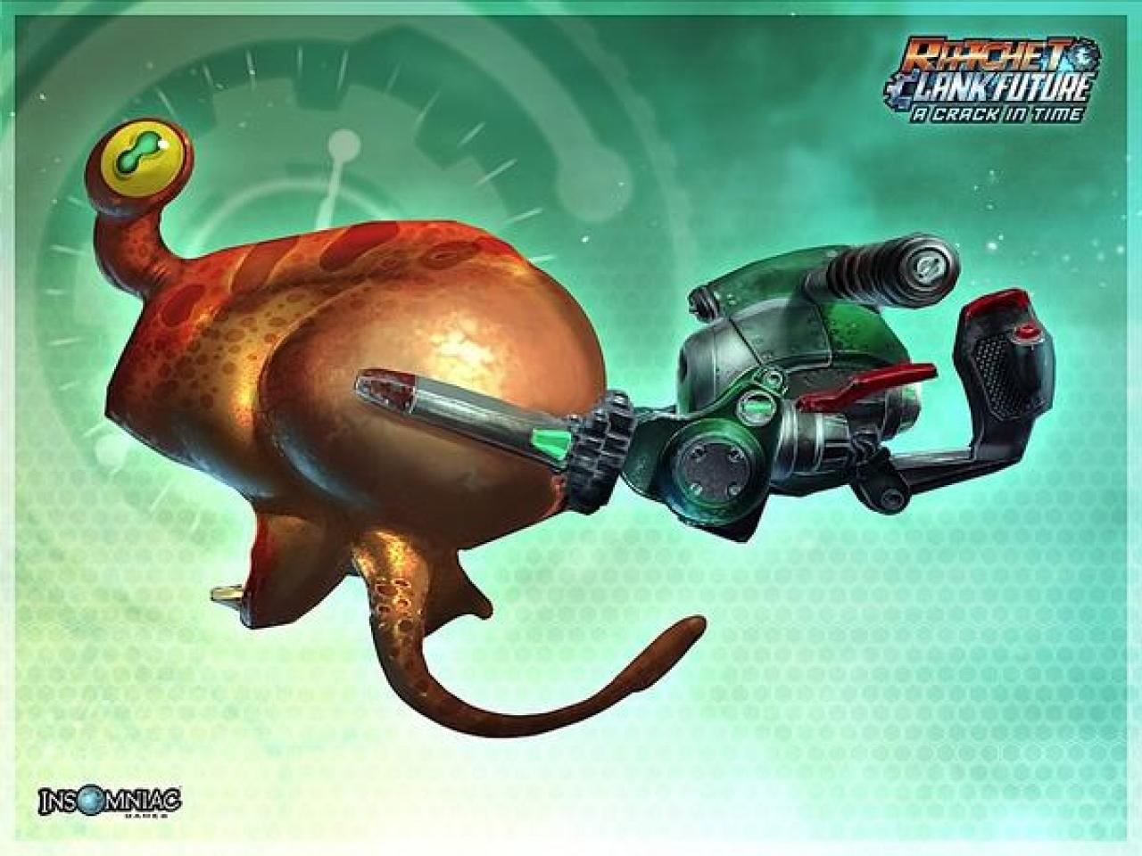 [29/12/2011] Sonic Eruptor - In Ratchet & Clank: Crack In Time gibt es diese Waffe. Auf der Vorderseite sitzt ein Frosch, der einen Rülpser ablässt und so ganze Gegnermassen auslöscht.