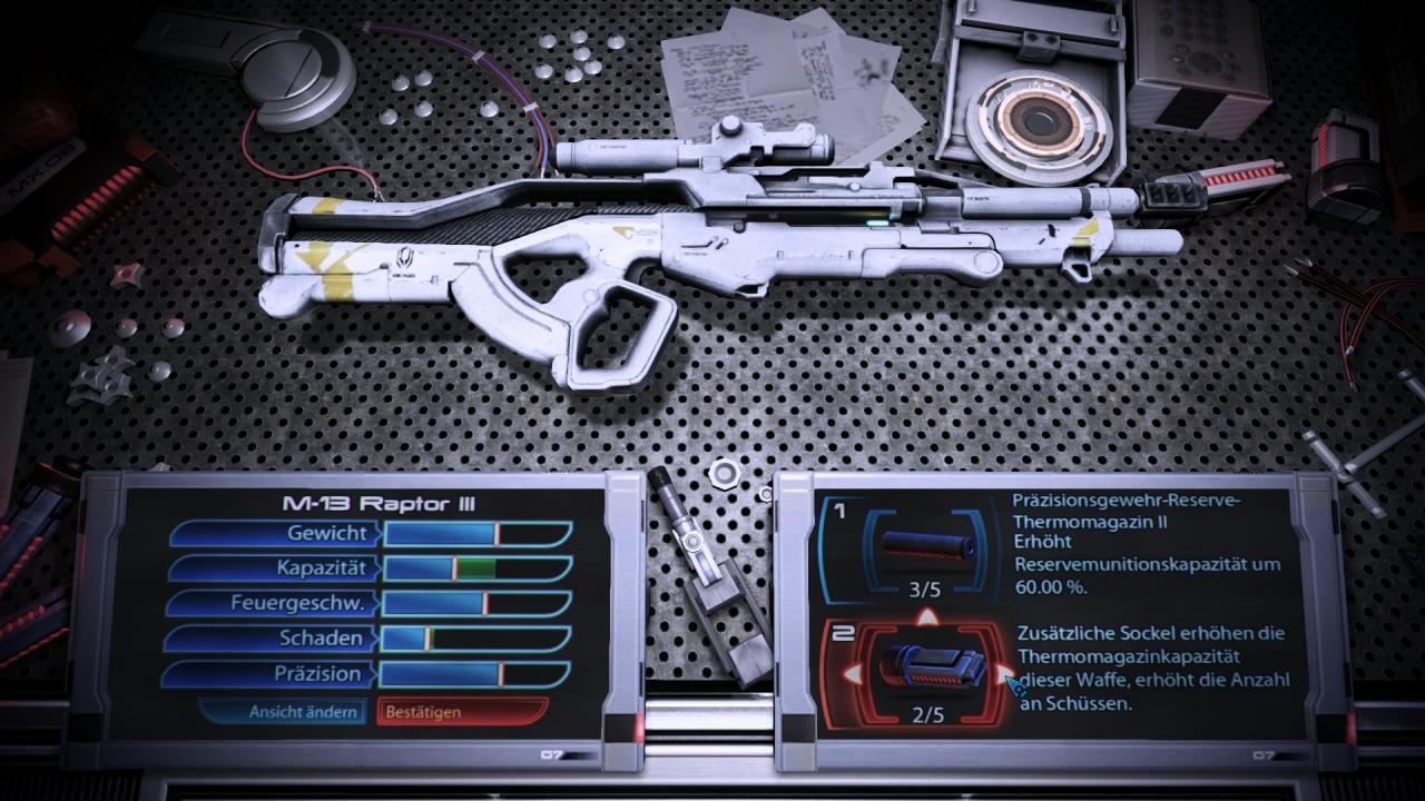 [05/03/2012] Die Pistolen und Gewehre lassen sich mit verschiedenen Modifikationen ausbauen. In diesem Beispiel montieren wir ein Zielfernrohr an unser Gewehr, das vor allem im Kampf gegen Cerberus-Soldaten nützlich ist.