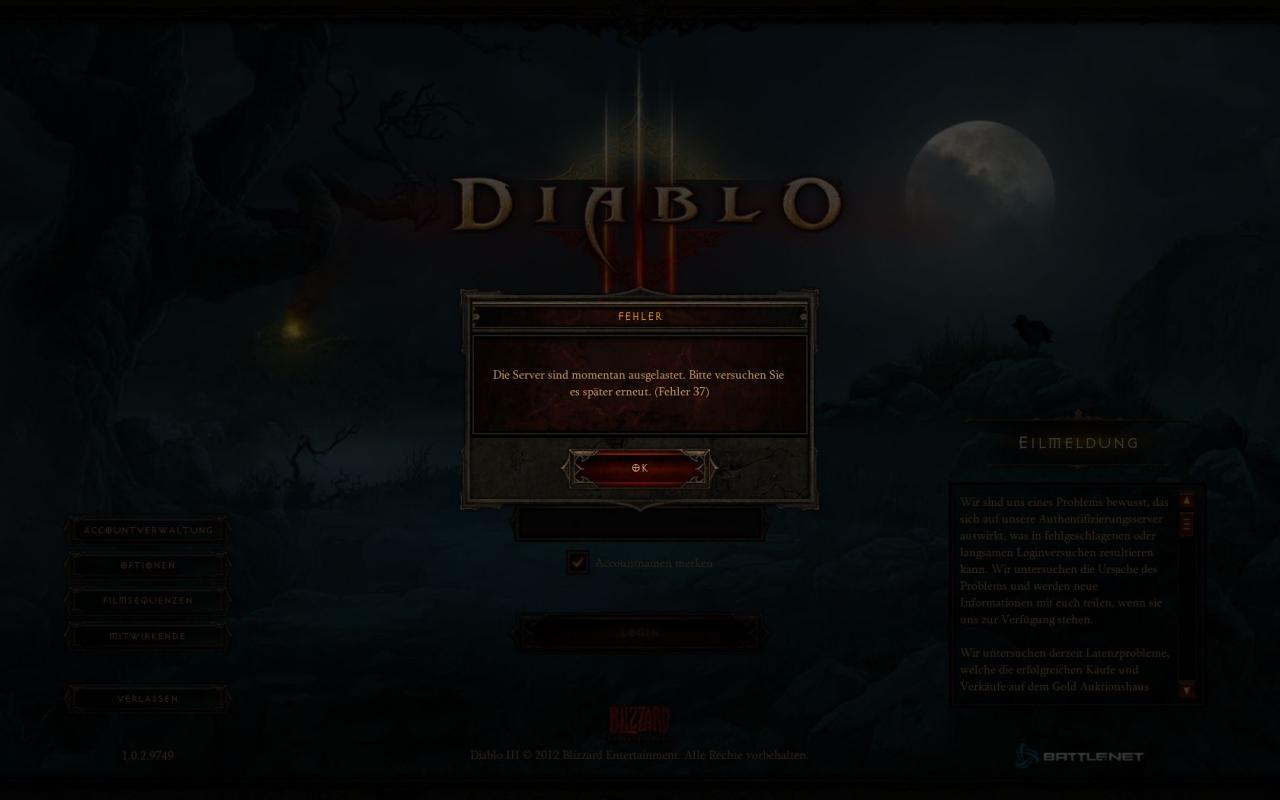 [31/05/2012] Diablo 3 - Fehler 37 und 74Diablo 3 ist eines der am schnellsten verkauften Computerspiele aller Zeiten. Hatte ein Großteil der Spieler anfangs noch Verständnis, dass es aufgrund des Ansturms zu Server-Problemen kam, wuchs der Unmut mit jeder Woche, in der Blizzard die Probleme nicht in den Griff bekam.