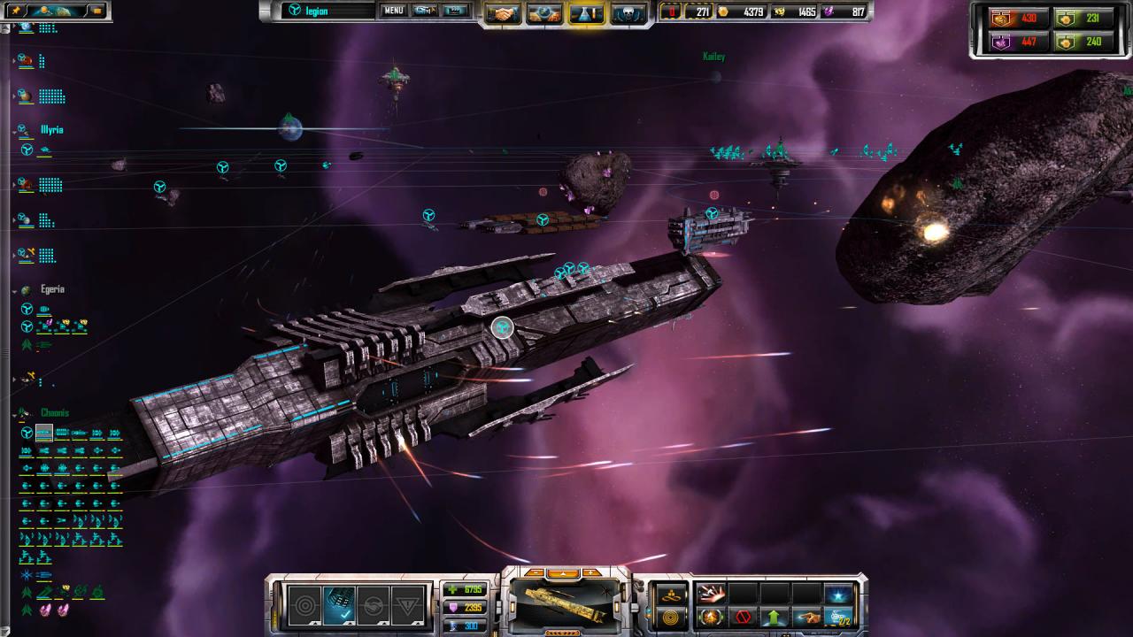 [20/07/2012] Die neuen Großkampfschiffe der Titanen-Klasse (Bildmitte) aus Sins of a Solar Empire: Rebellion sind gigantisch - rechts daneben zum Vergleich ein winziges Kommandoschi der alten Generation. Titanen sind zwar effektiv, aber nicht übermächtig - das Balancing ist gut und fair.