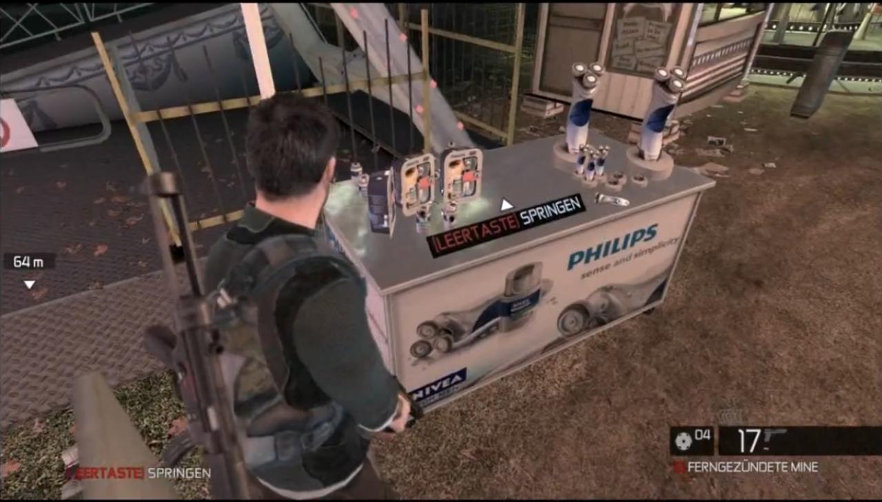 [27/07/2012] Platz 1: Die Schleichspiele mit der meisten Schleichwerbung: Die Splinter-Cell-Serie ist defintiv König der Ingame-Reklame. Axe, Sprite, Nokia, Airwaves u. v. m., sie alle kommen mehr oder weniger versteckt in den Games vor.