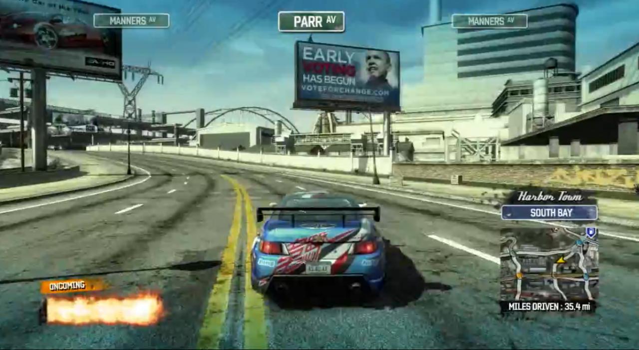 [27/07/2012] Platz 4: Amerikanische Spieler von Burnout Paradise konnten Barack Obama von Ingame-Plakaten lächeln sehen. Wahlkampf mal anders!