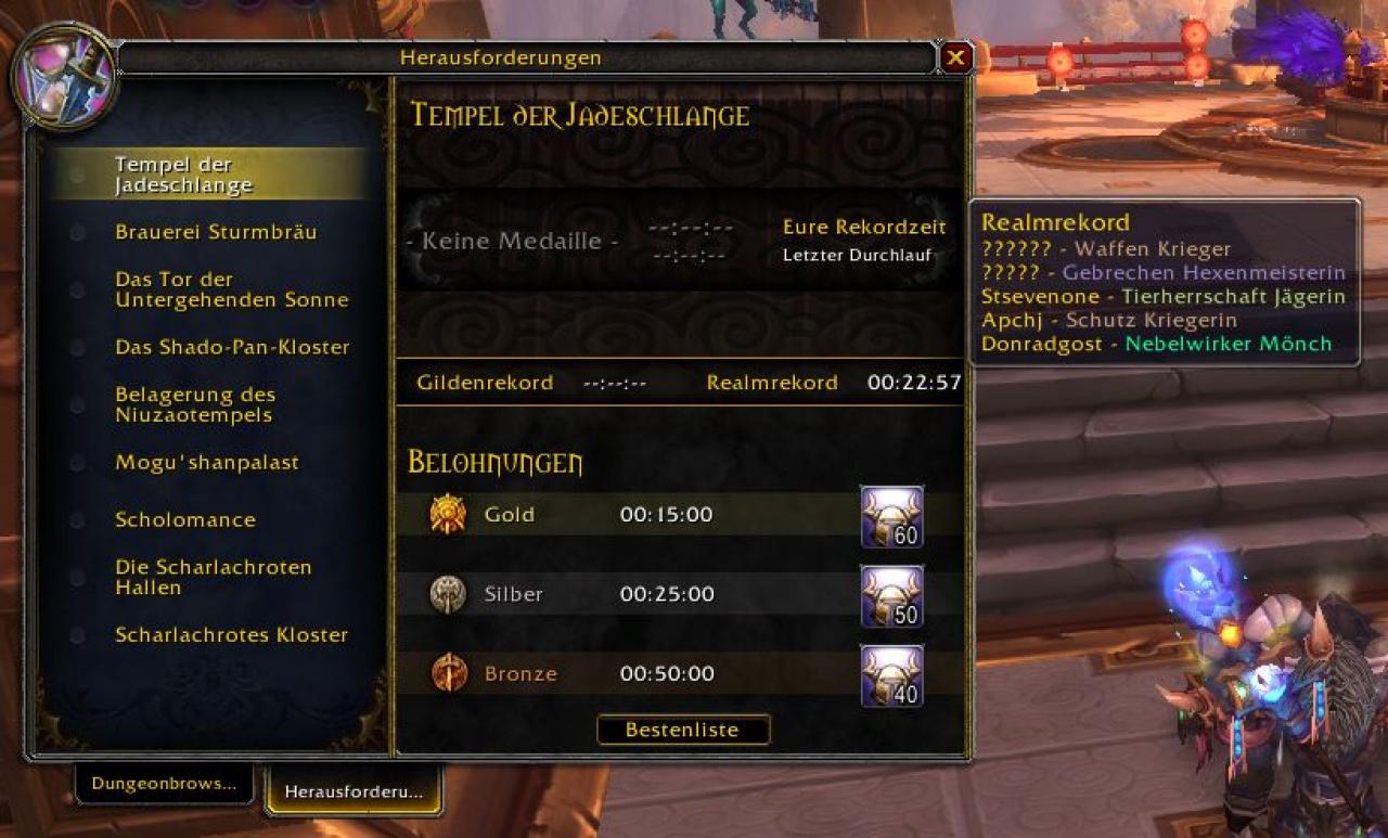 [10/08/2012] Mit 22:57 Minuten lag die beste Gruppe im Tempel der Jadeschlange immer noch über der Gold-Zeit.