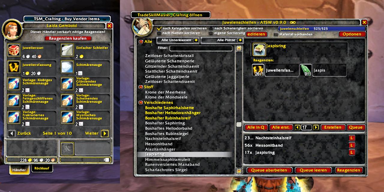 [06/08/2012] Advanced Tradeskill Window erweitert das WoW-Handelsfenster um wichtige Funktionen und erlaubt Ihnen zum Beispiel, mehrere Arbeitsaufträge in Reihe zu schalten (für die Sie allerdings trotzdem für jede Produkt-Sorte einmal anklicken müssen). Das funktioniert selbst dann, wenn Ihnen noch Reagenzien wie Fäden oder Farbstoff fehlen - die kaufen Sie beim Händler für Handwerkswaren dann mit nur einem Knopfdruck auf 