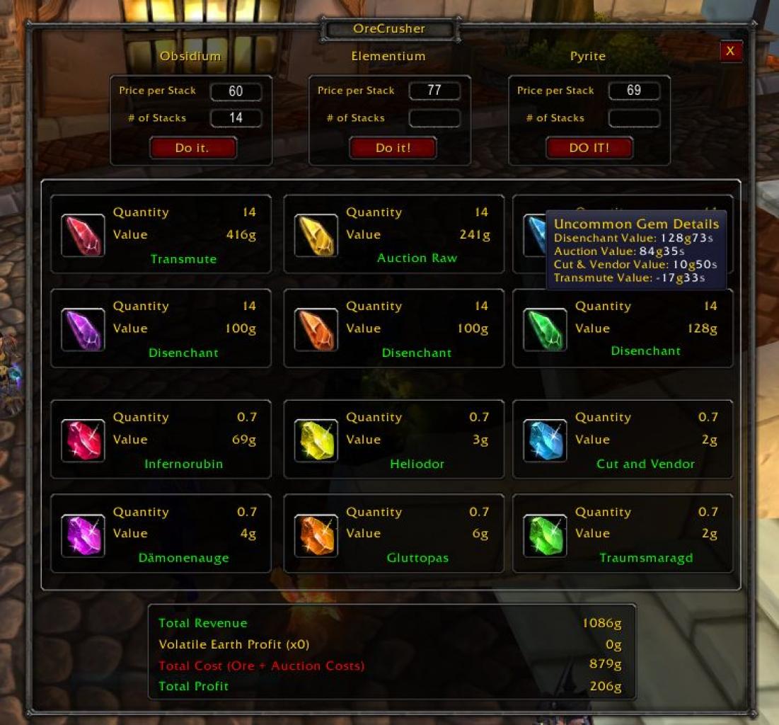 [15/08/2012] OreCrusher2 zeigt Ihnen ganz genau, welchen Gewinn Sie beim Kauf von Erzen erwarten dürfen. Allerdings brauchen Sie dafür TradeSkillMaster, dass wir Ihnen in Teil 2 unseres Gold-Guides für WoW gezeigt haben. 