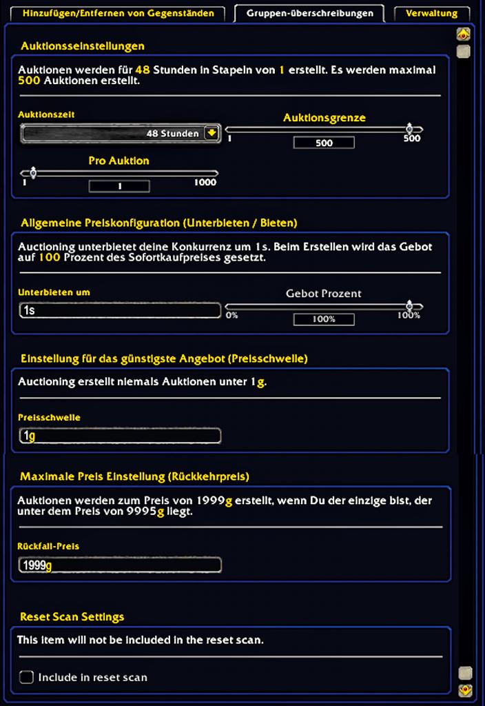 [07/08/2012] Im Preis-Menü von TSM legen Sie fest, zu welchen Konditionen das Add-on die Waren ins WoW-Auktionshaus stellt. 