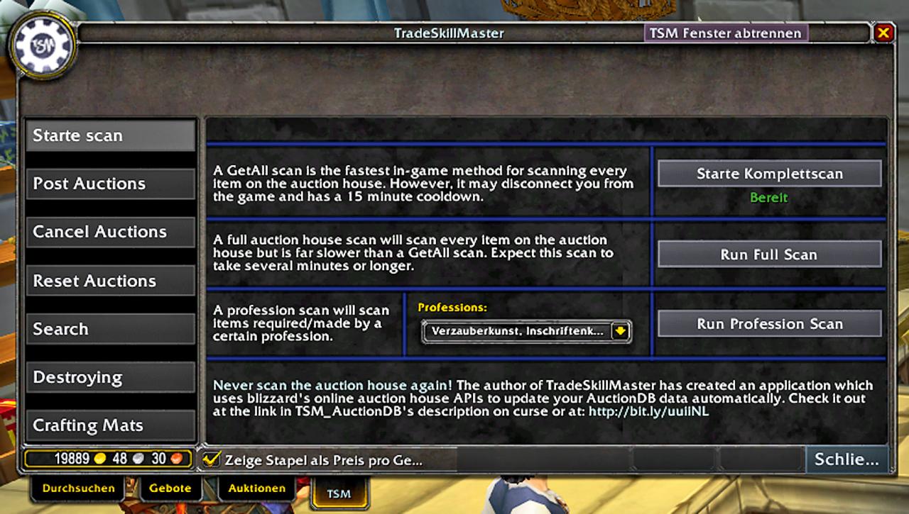 [07/08/2012] Komplettscan und Full Scan von TSM scannen das gesamte Auktionshaus Ihres WoW-Servers.
