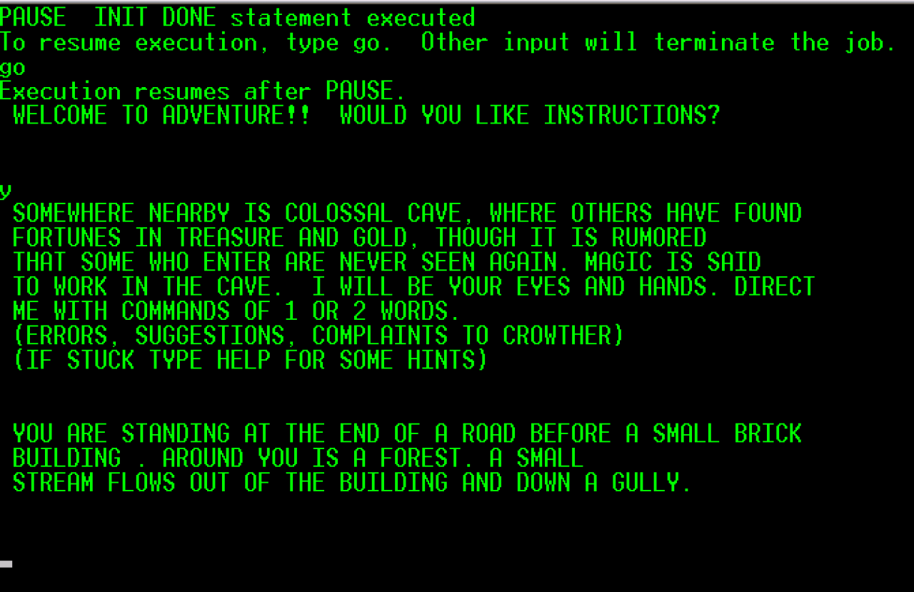 [02/08/2012] Das erste Adventure - Colossal Cave Adventure (1975) - Nein, das ist kein Error-Bildschirm. Der Screenshot stammt aus Colossal Cave Adventure. Das erste Text-Adventure der Videospielgeschichte geht auf die beiden Programmierer Willie Crowther und Don Woods zurück. 