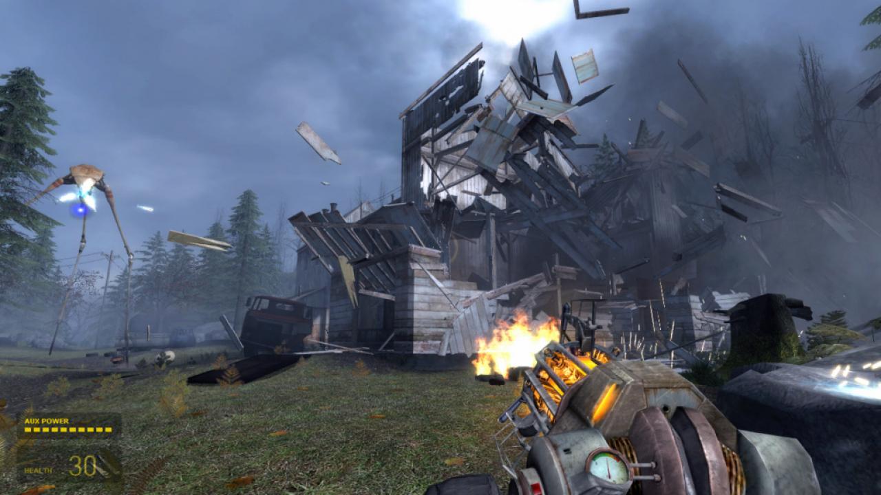 [13/08/2012] Zerstörbare Umgebungen - Als ein Strider in Half-Life 2: Episode Two eine Holzhütte eindrucksvoll zerlegt hatte (siehe Screenshot), saßen wir verblüfft vor dem Bildschirm. Wir könnten uns zerstörbare Kulissen (ähnlich wie in Battlefield 3) auch in Valves Shooter-Fortsetzung vorstellen. 
