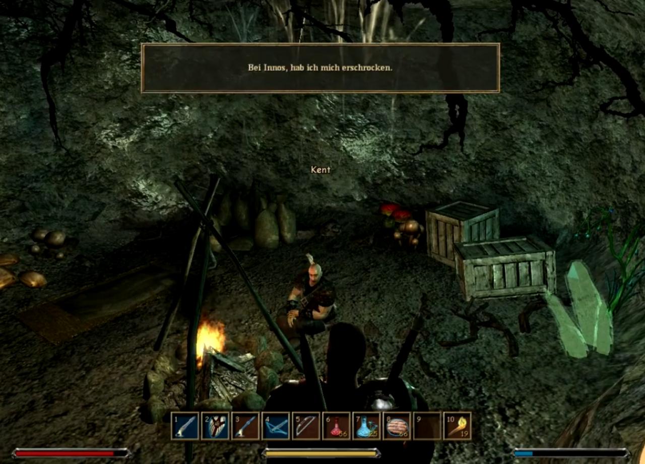 [28/09/2012] Gothic 3 - Kent - Der Hasenfuß von einem Krieger dürfte vielen Spielern im Gedächtnis geblieben sein, weil er recht schwer zu finden war. Tief im Wald in einer Höhle versteckt, lässt sich der Feigling erst dann überzeugen nach Okara zu gehen und die Rebellen zu unterstützen, nachdem man die Umgebung von den herumstreunenden Rippern befreit hat.