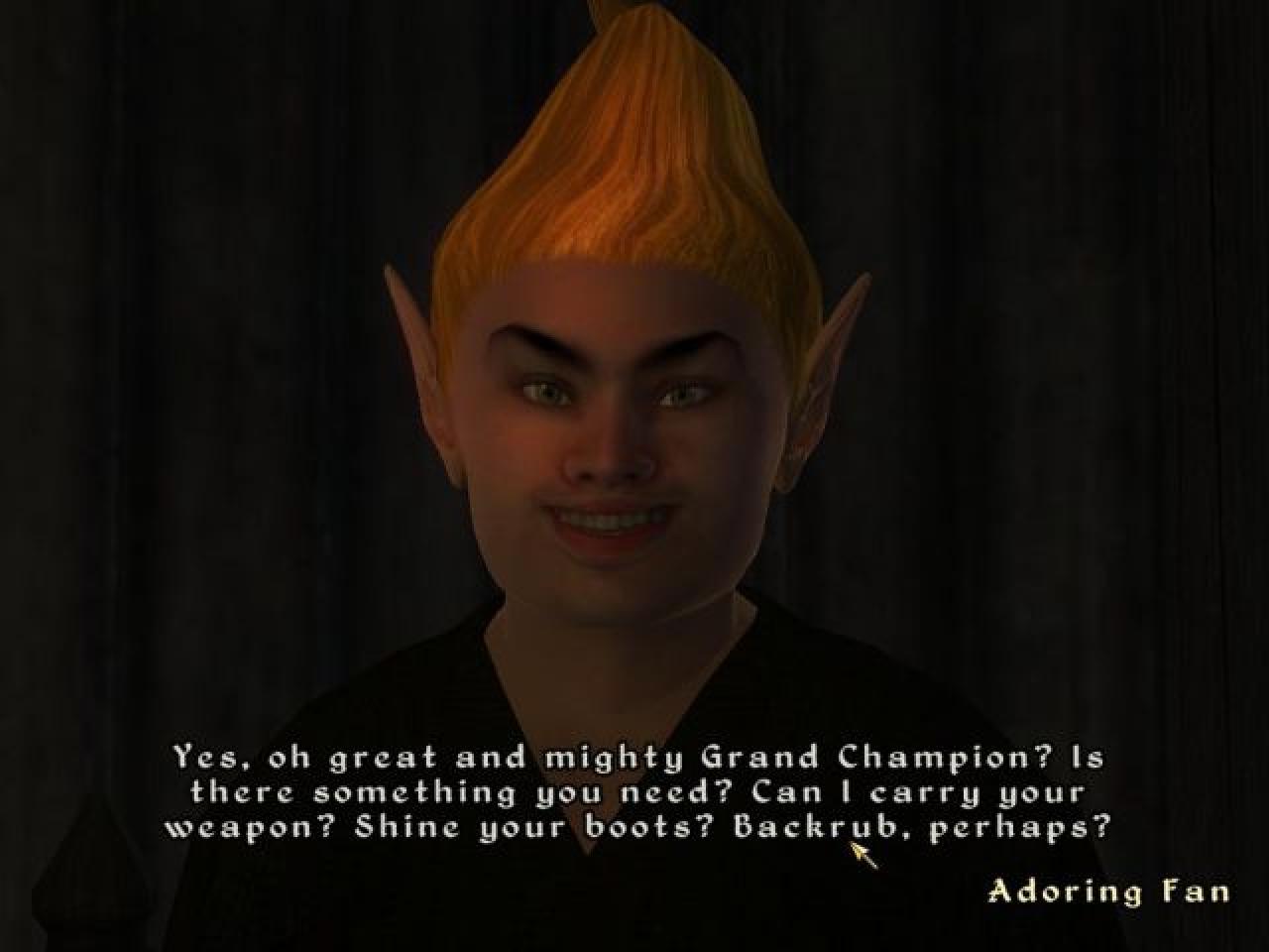 [14/09/2012] Unser Fan in Oblivion - Sobald wir Champion der Arena geworden sind, können wir diesen Bosmer als Begleiter mit auf unsere Reisen nehmen. Jedoch entpuppt sich seine nervige Persönlichkeit recht schnell. Abschütteln oder beseitigen? 