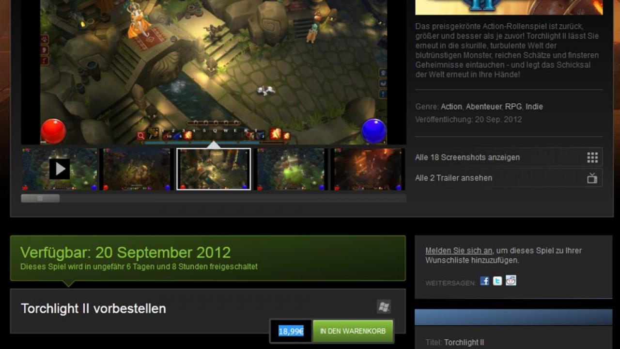 [14/09/2012] Günstiger Preis - Torchlight 2 wird, anders als der Konkurrent Diablo 3, nicht zum Vollpreis verkauft. Wer das Action-Rollenspiel via Steam vorbestellt, muss aktuell lediglich 18,99 Euro (Stand: 14. September) auf den Tisch legen. Damit ist der Titel auch für Gamer mit eher schmalem Budget geeignet. 