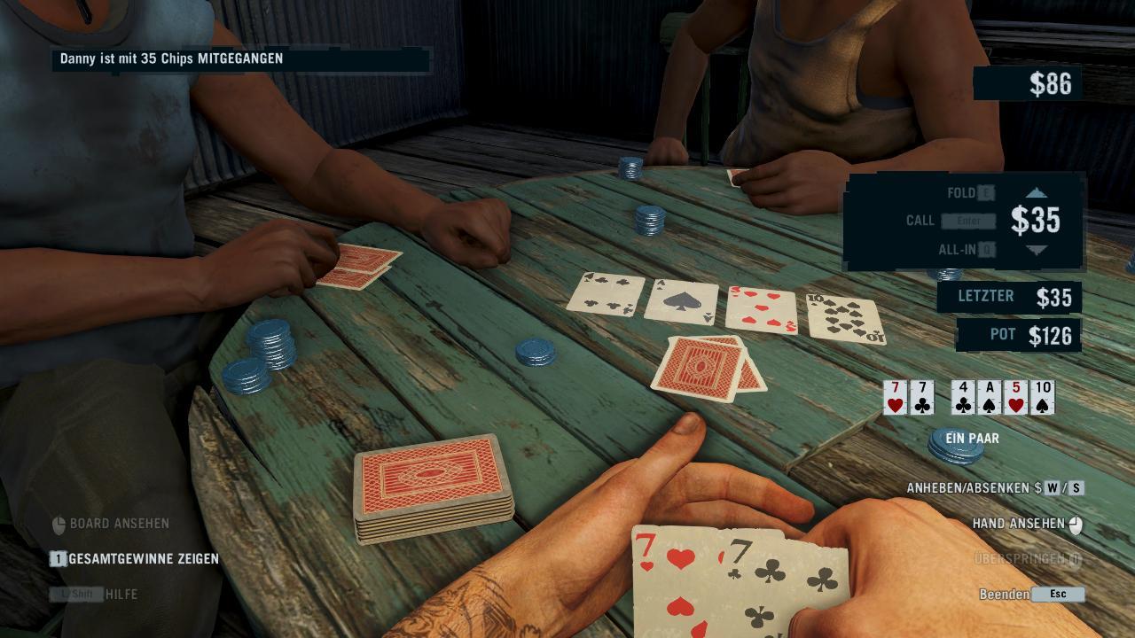 [12/12/2012] Pokern: Das Pokern in Far Cry 3 gehört zu den unterhaltsamsten Beschäftigungen. Nicht nur, dass wir die Mitspieler in der First-Person-Ansicht das Taschengeld abziehen, wir könnten glatt Stunden in diesem Mini-Game verbringen und suchen immer noch nach der Option, die eigene Kreditkarte bis zum Limit zu verbrauchen.