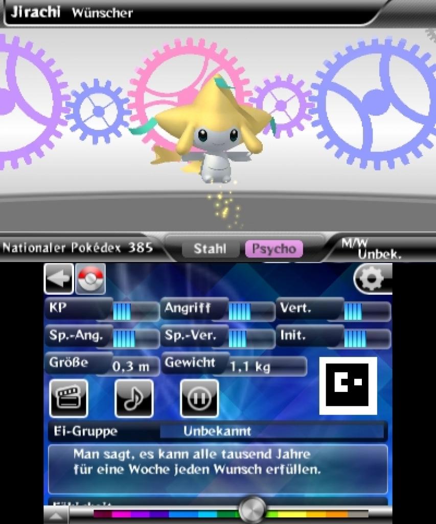 [13/12/2012] Der Eintrag des Legendären Pokémon Jirachi. Auf dem unteren Bildschirm findet ihr jede Menge Infos, oben könnt ihr es - natürlich in 3D - betrachten.