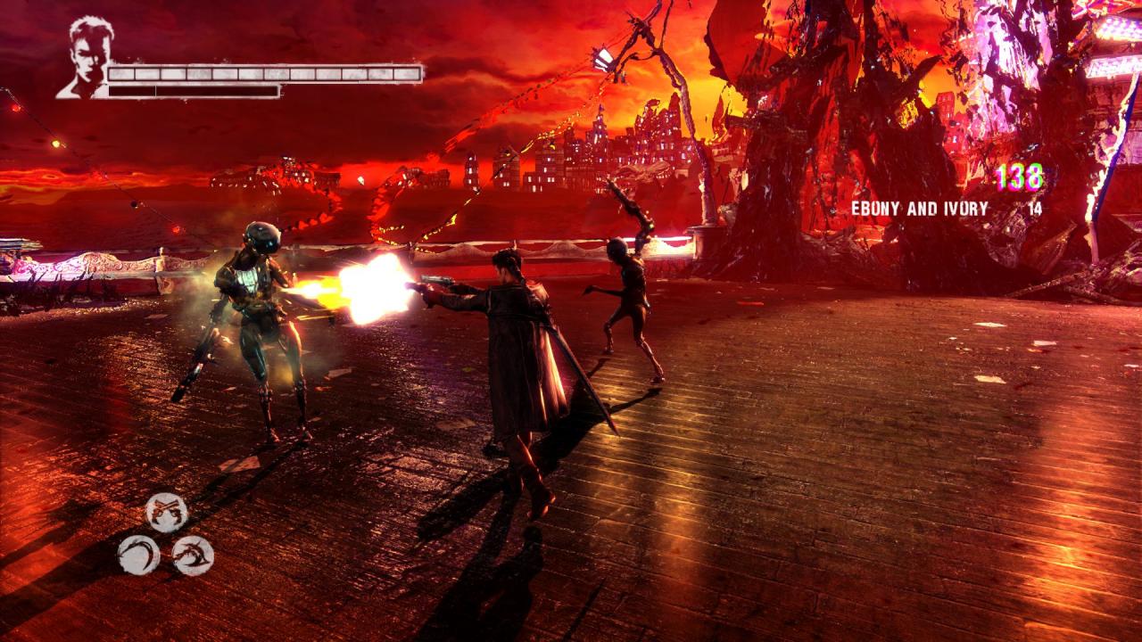 [11/01/2013] Typisch Dante: Bewaffnet mit seinem Rebellion genannten Schwert und den Pistolen Ebony und Ivory geht er in DmC: Devil May Cry auf Dämonenjagd.