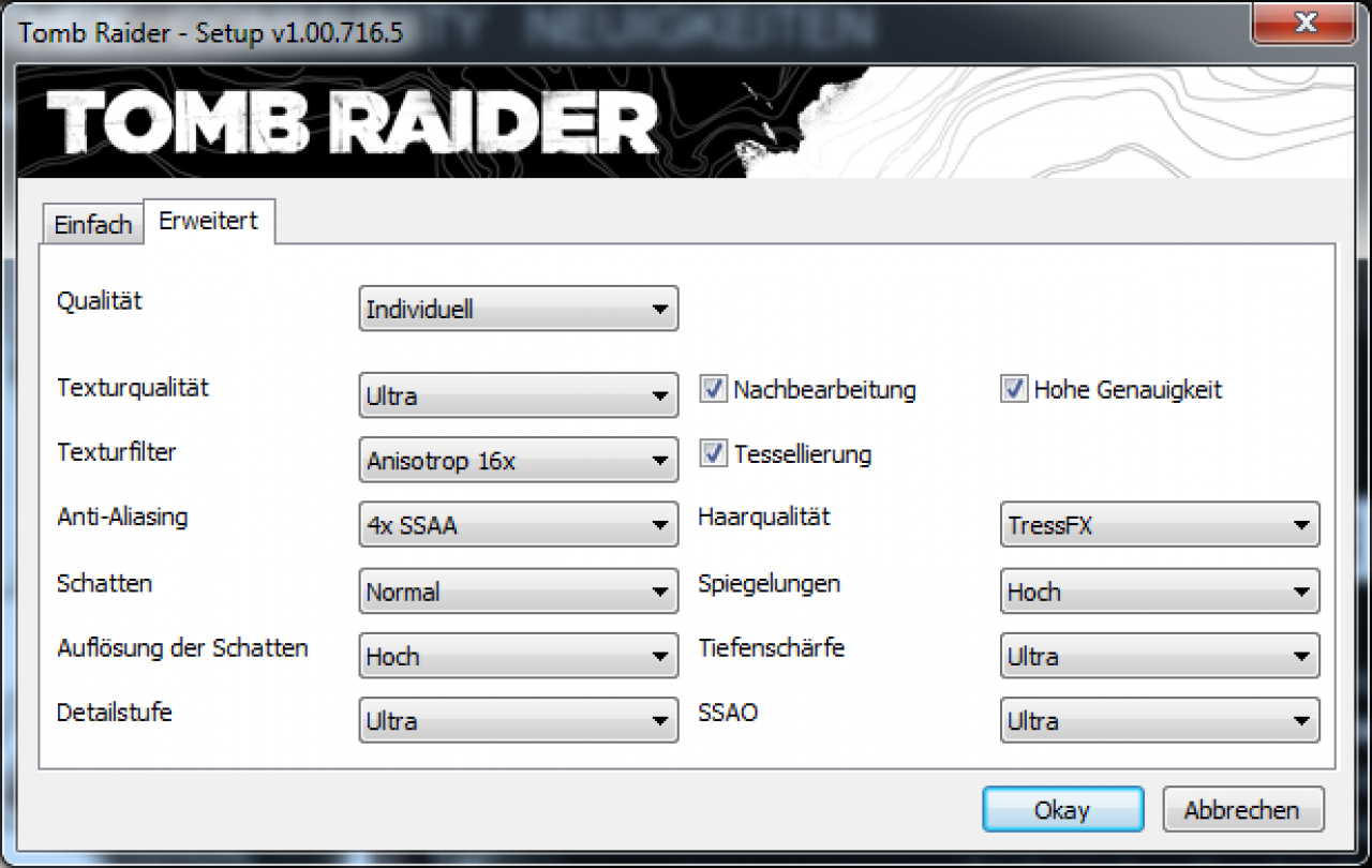 [06/03/2013] Beispiel: Die erweiterten Grafik-Optionen bei Tomb Raider