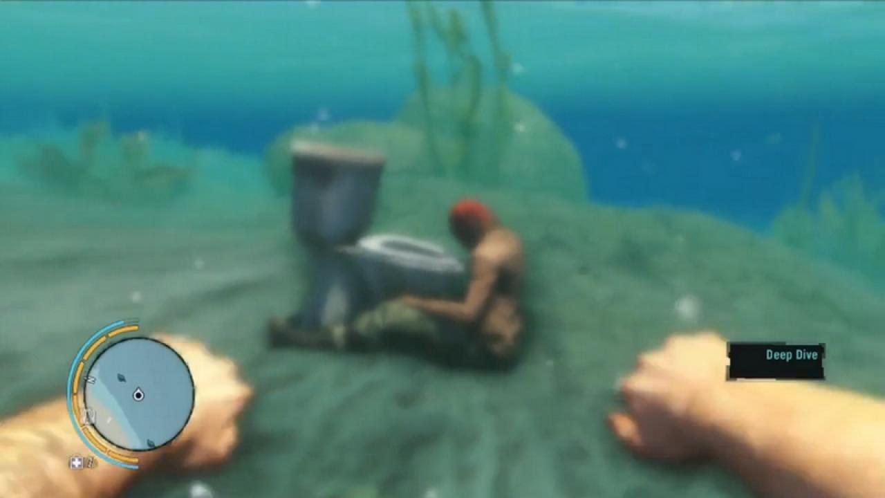 [27/03/2013] Far Cry 3 - Wenn ihr an der Küste von Rock Island, ziemlich weit rechts taucht, stoßt ihr auf einen Unterwasser-Piraten, der über eine Toilette gebeugt, auf dem Grund des Meeres hockt. Wie er dort hinkommt? Es waren sicherlich Pilze im Spiel. 